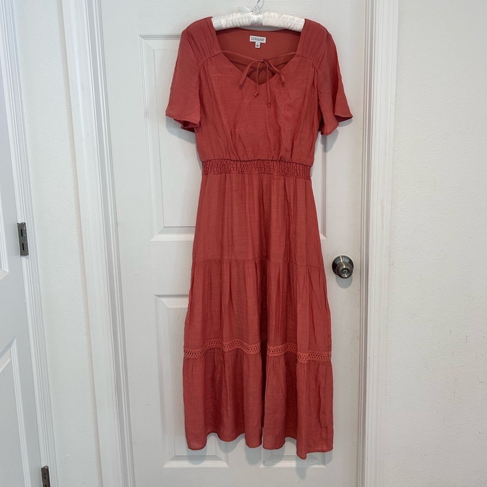 Luxology Terracotta Maxi Dress with Smocked Waist and Flutter Sleeves
Size S